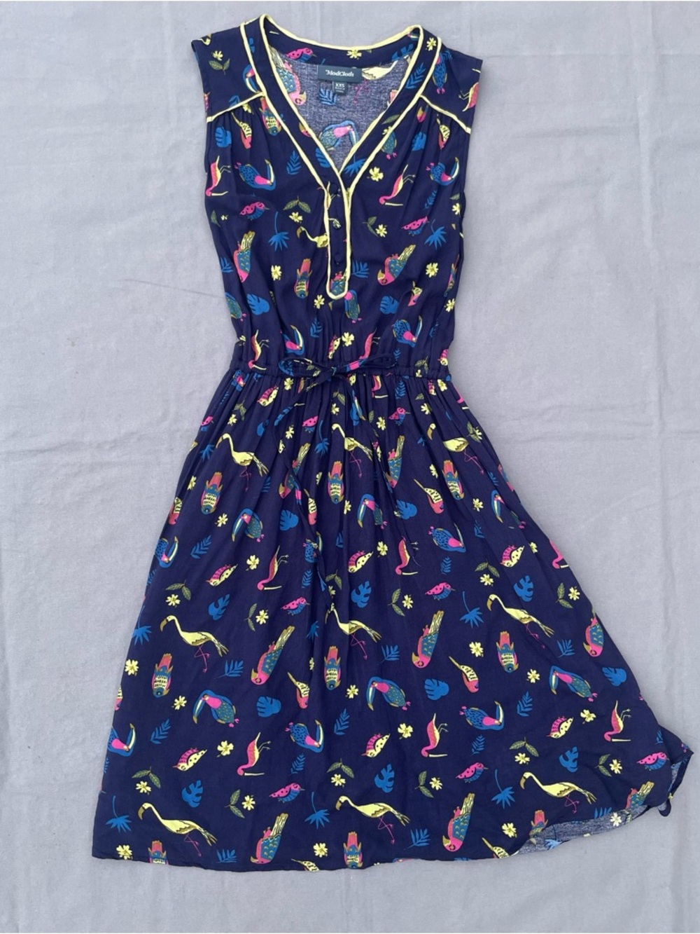 ModCloth Dress Novelty XXS Navy Blue Cafe Au Soleil Tropical Birds Sleeveless